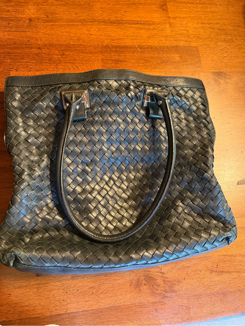 Cole Haan EUC Black Woven Leather Tote Silver Hardware - Picture 3 of 3